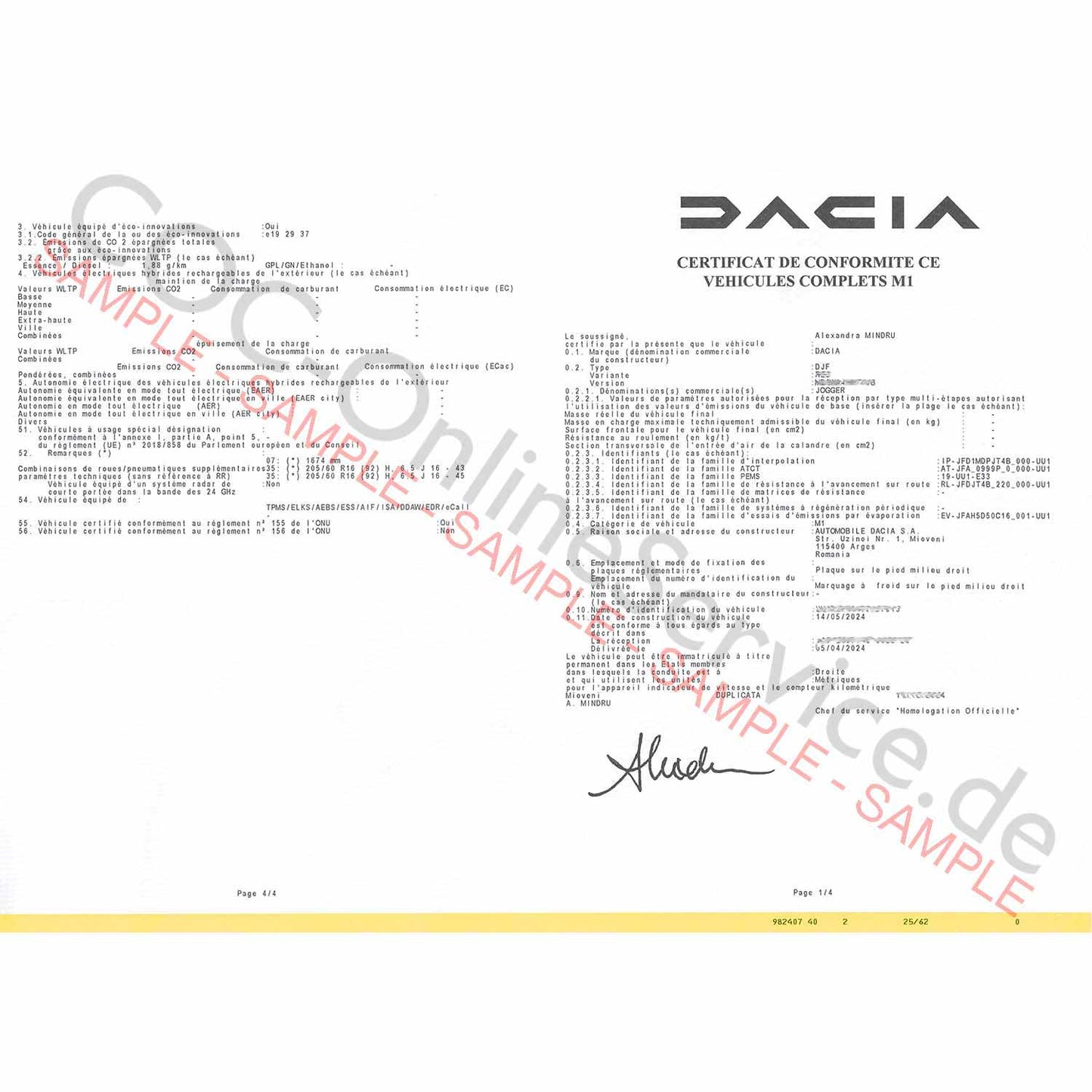 Documentos COC para Dacia (Certificado de Conformidad)