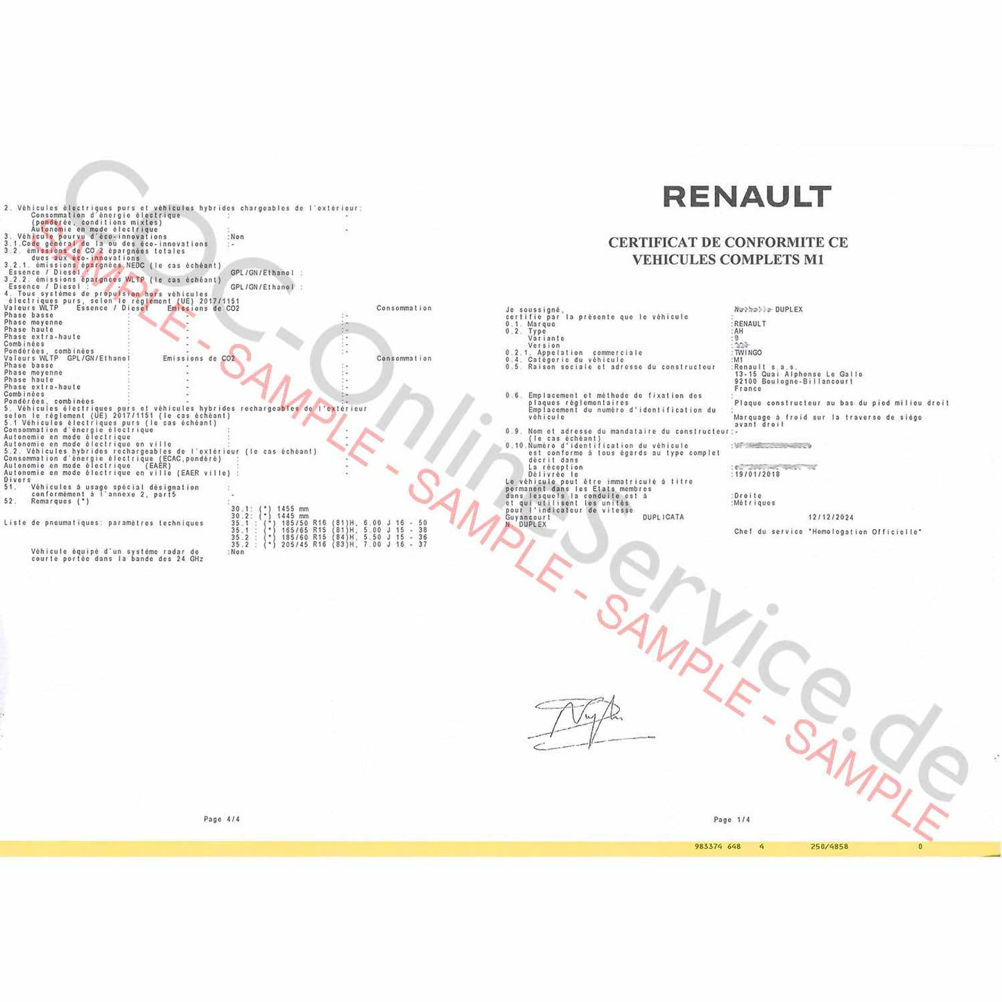 COC-asiakirjat Renault (Conformity Certificate)