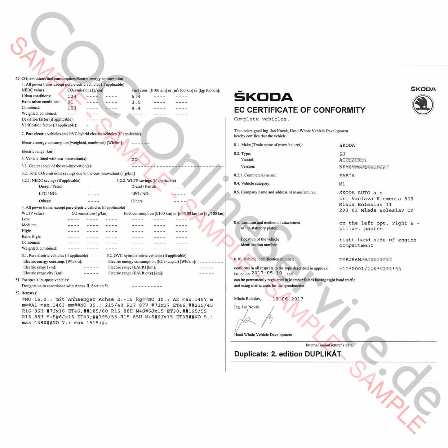 COC dokumenty pro Škoda (Certificate of Conformity)
