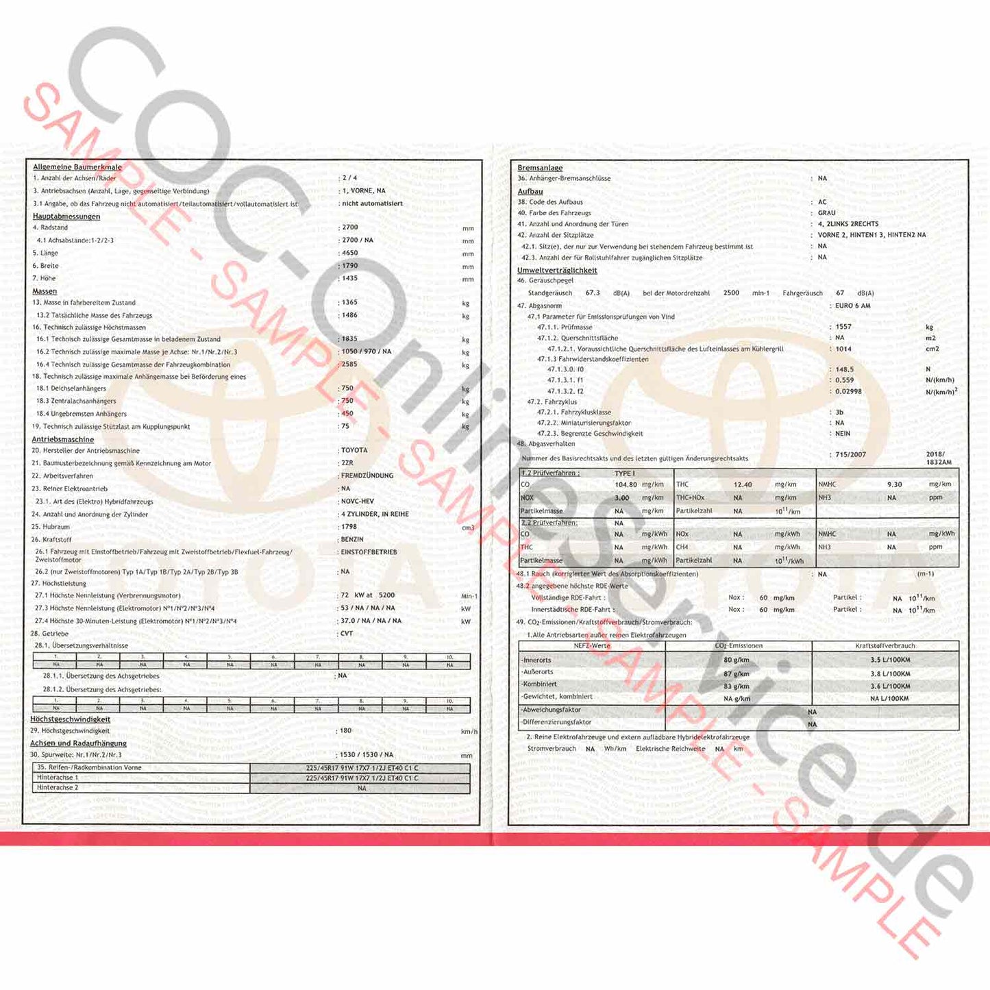 Documents COC pour Lexus (Certificat de conformité)