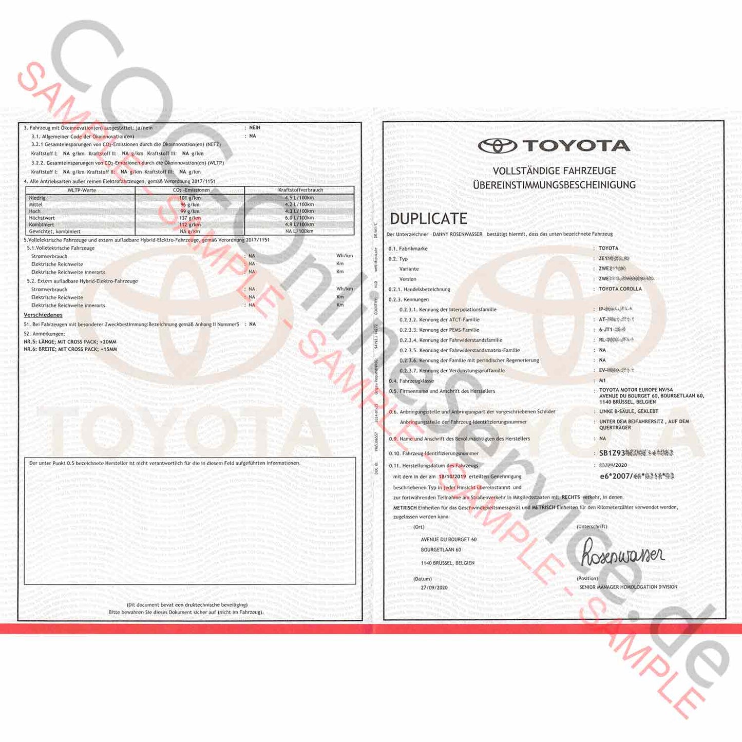 COC Papiere für Toyota (Certificate of Conformity)